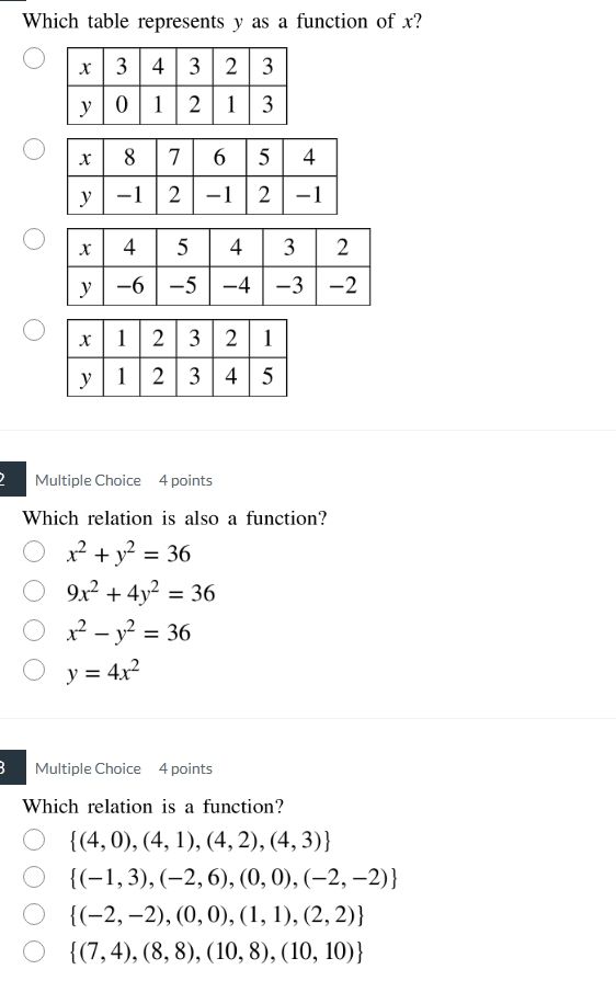which table represents y as a function of x? x 3 4 3 2 3 y 0 1 2 1 3 x …