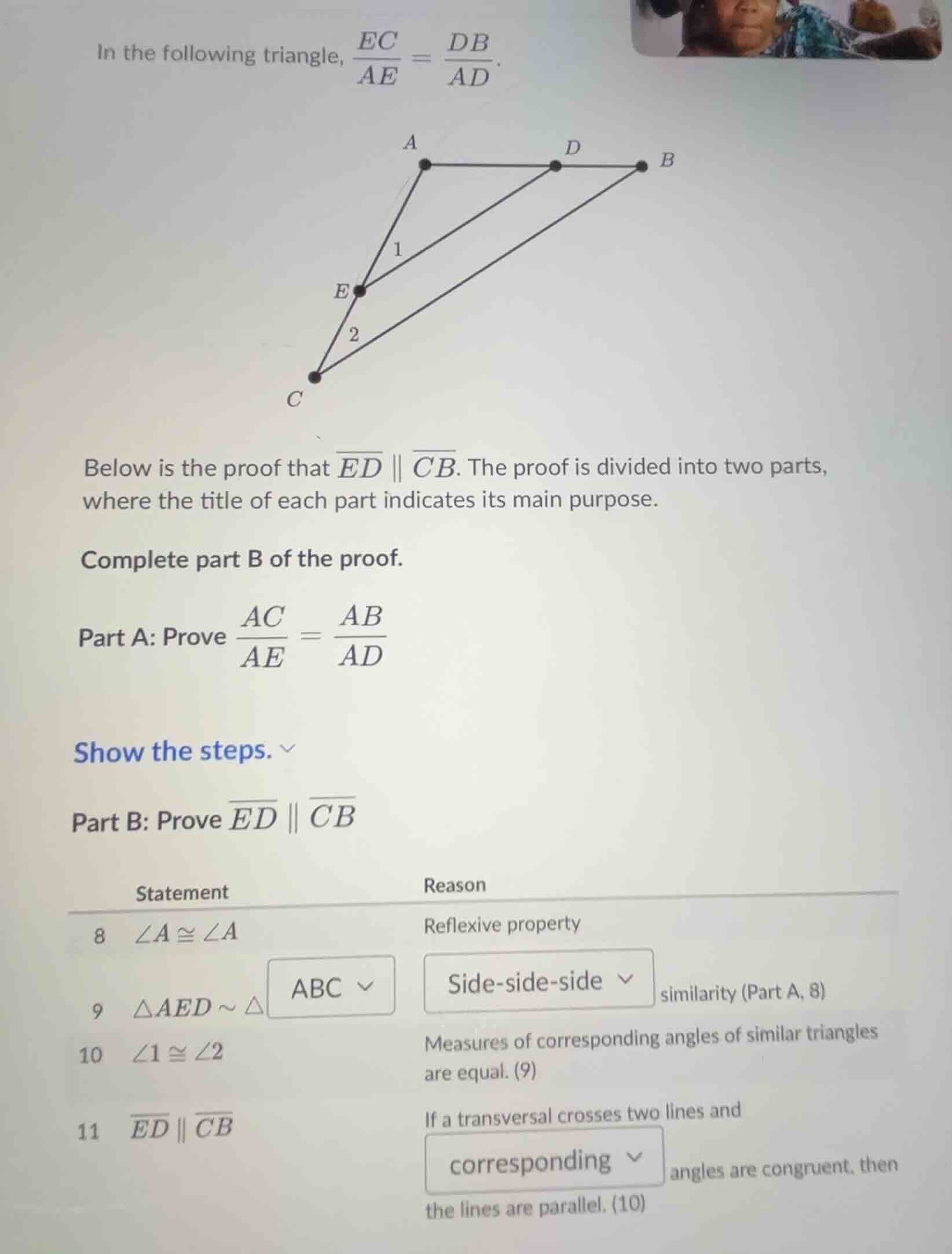 in the following triangle, \\(\\frac{ec}{ae} = \\frac{db}{ad}\\). below…