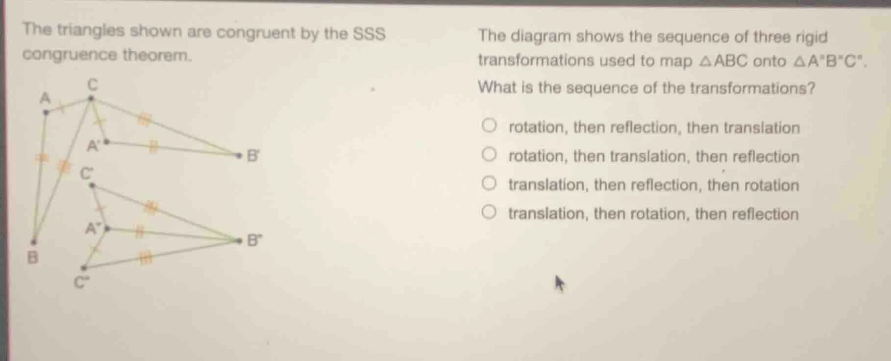 the triangles shown are congruent by the sss congruence theorem. the di…
