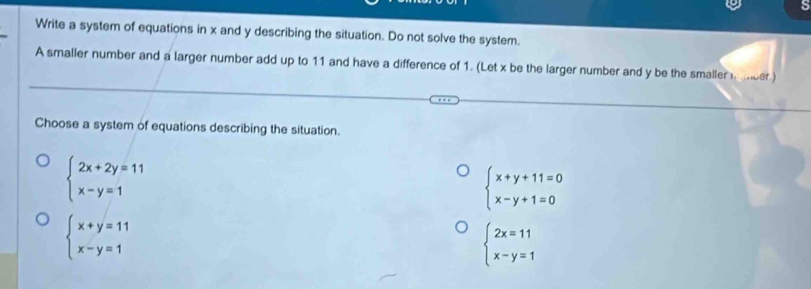 write a system of equations in x and y describing the situation. do not…