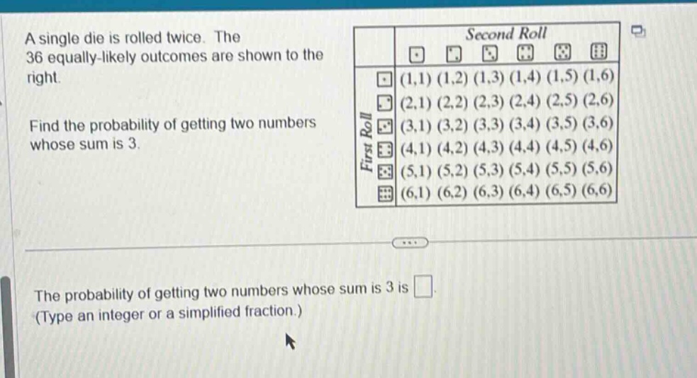 a single die is rolled twice. the 36 equally - likely outcomes are show…