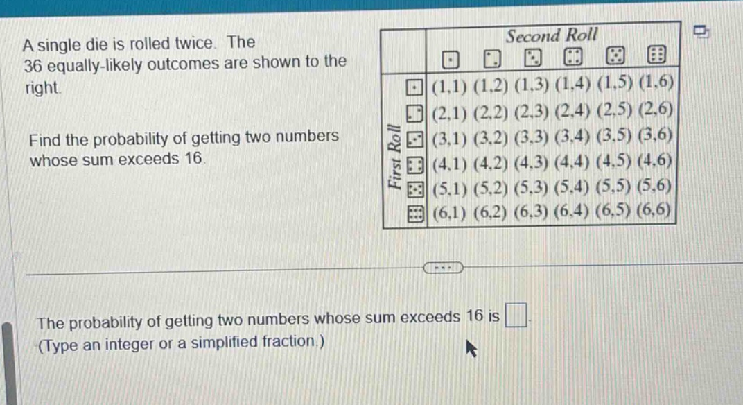 a single die is rolled twice. the 36 equally - likely outcomes are show…