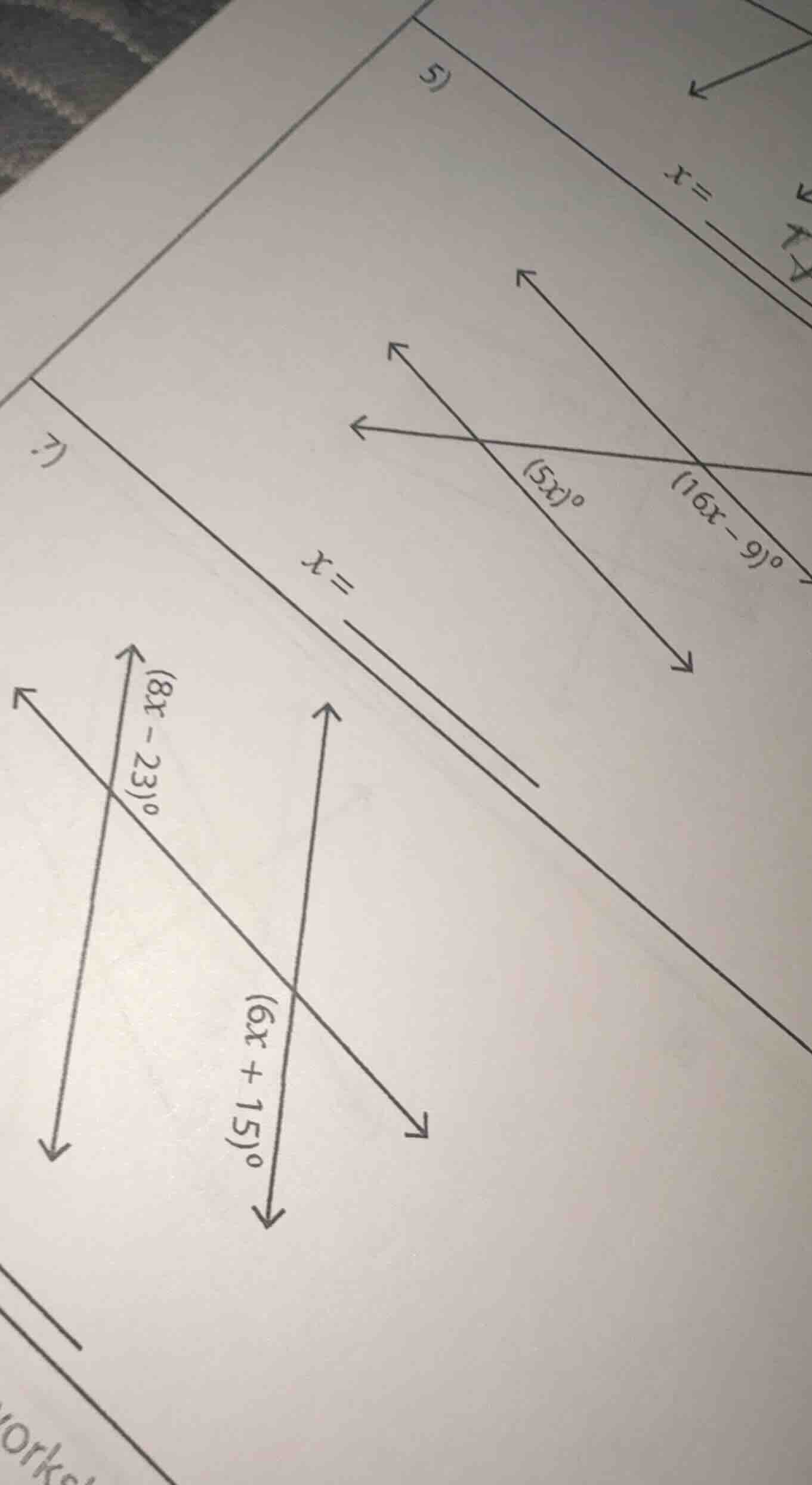 7) \\( x = \\) \\( (5x)\\degree \\) \\( (16x - 9)\\degree \\) \\( (8x -…