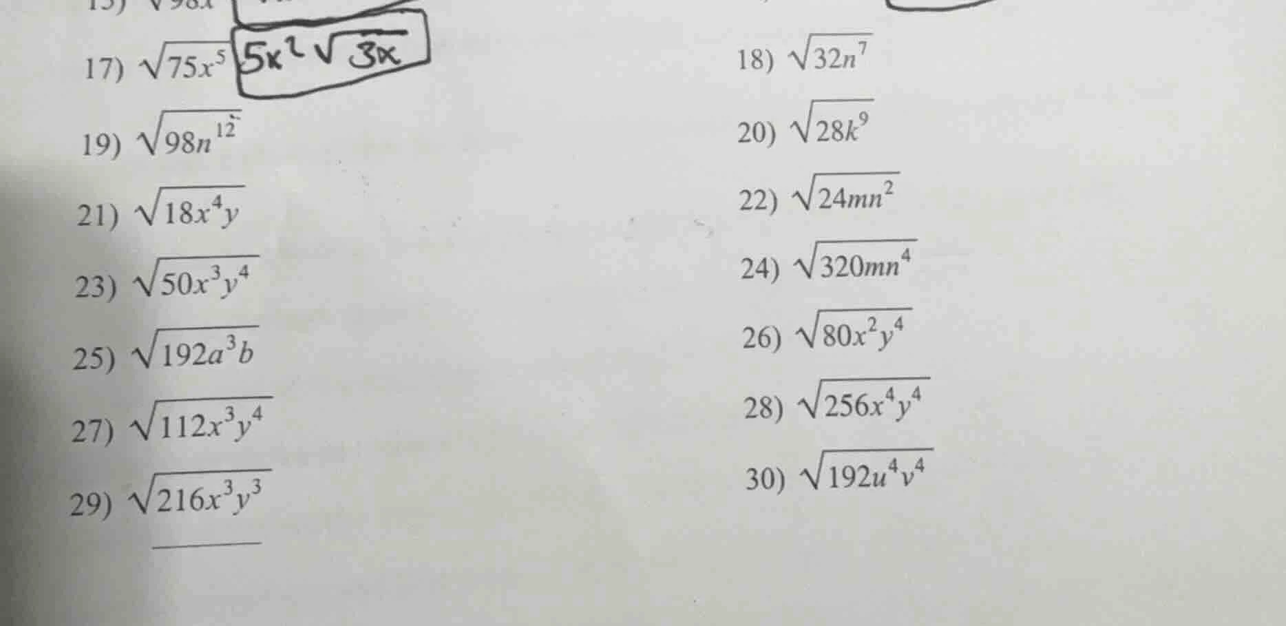 17) \\(\\sqrt{75x^5}\\) 18) \\(\\sqrt{32n^7}\\)\ 19) \\(\\sqrt{98n^{12}…