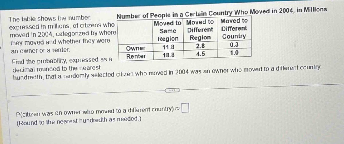 the table shows the number, expressed in millions, of citizens who move…