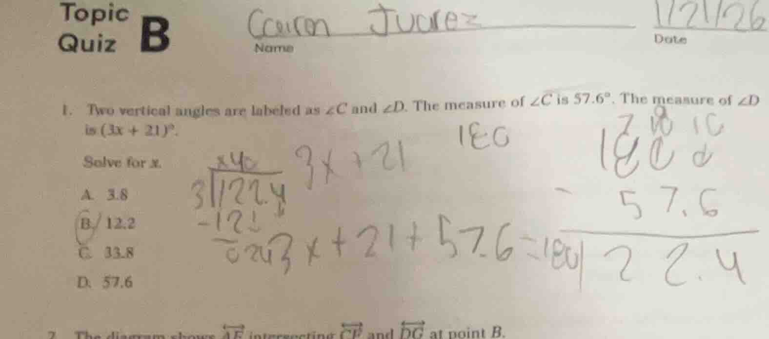 topic quiz b name date 1. two vertical angles are labeled as $\\angle c…