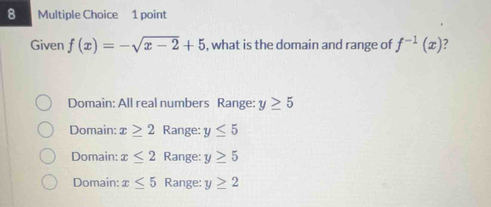 8 multiple choice 1 point given $f(x) = -sqrt{x - 2} + 5$, what is the …