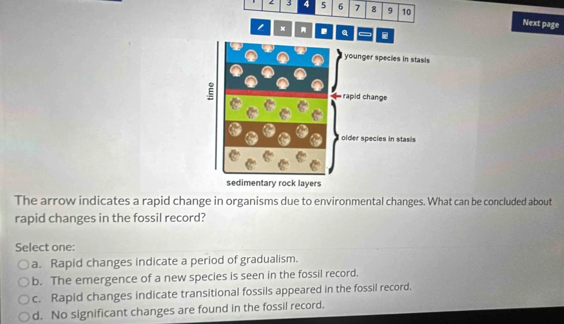 the arrow indicates a rapid change in organisms due to environmental ch…