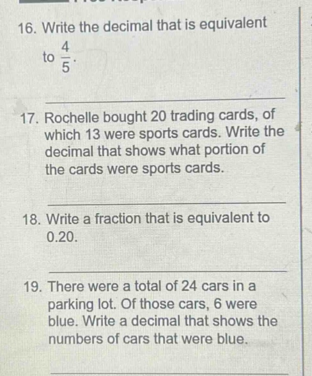 16. write the decimal that is equivalent to \\(\frac{4}{5}\\). 17. roch…