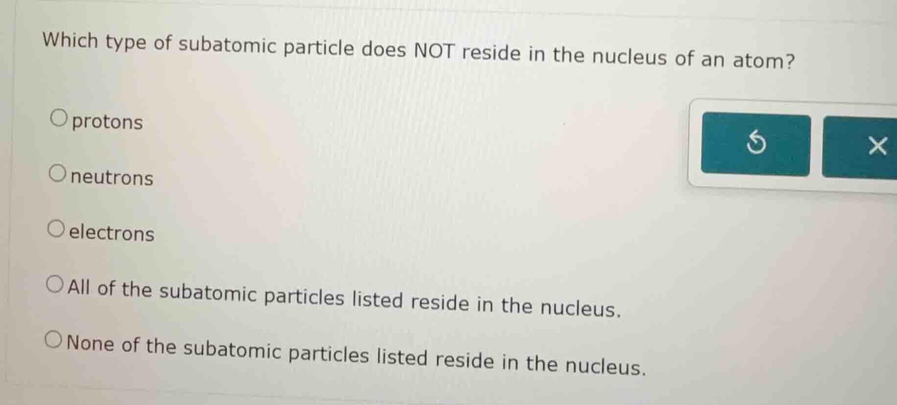 which type of subatomic particle does not reside in the nucleus of an a…