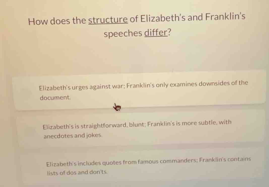 how does the structure of elizabeth’s and franklin’s speeches differ? e…