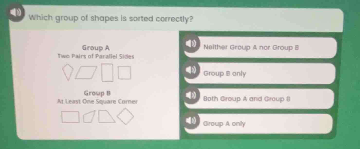 which group of shapes is sorted correctly? group a two pairs of paralle…