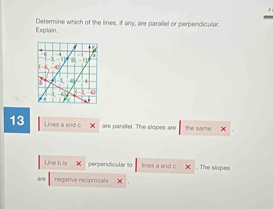 determine which of the lines, if any, are parallel or perpendicular. ex…