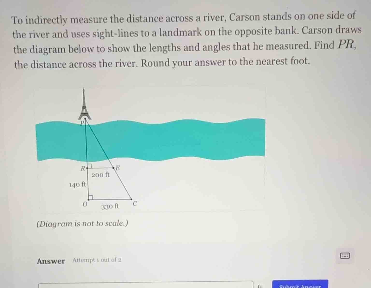 to indirectly measure the distance across a river, carson stands on one…