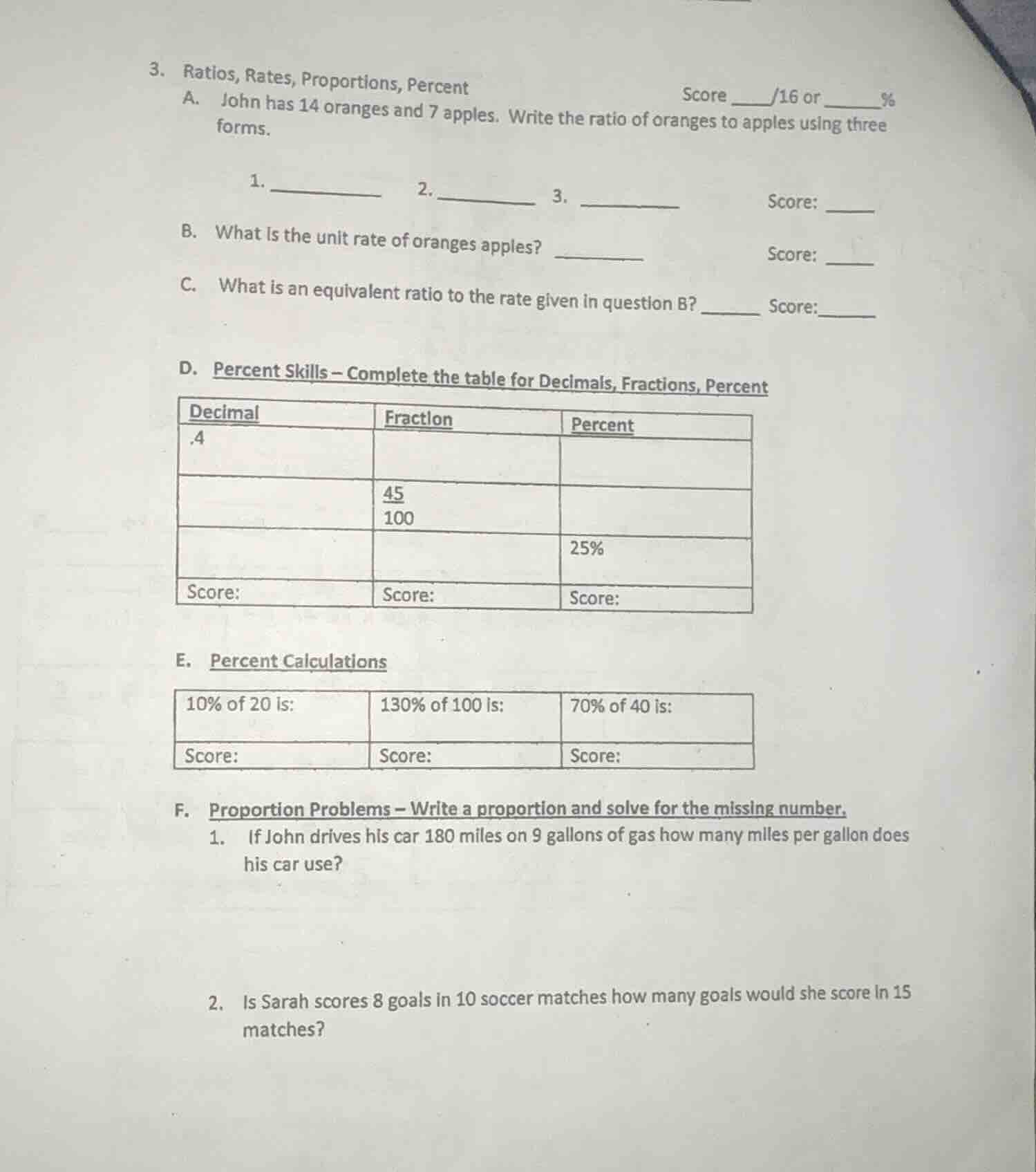 3. ratios, rates, proportions, percent score ____/16 or ______% a. john…