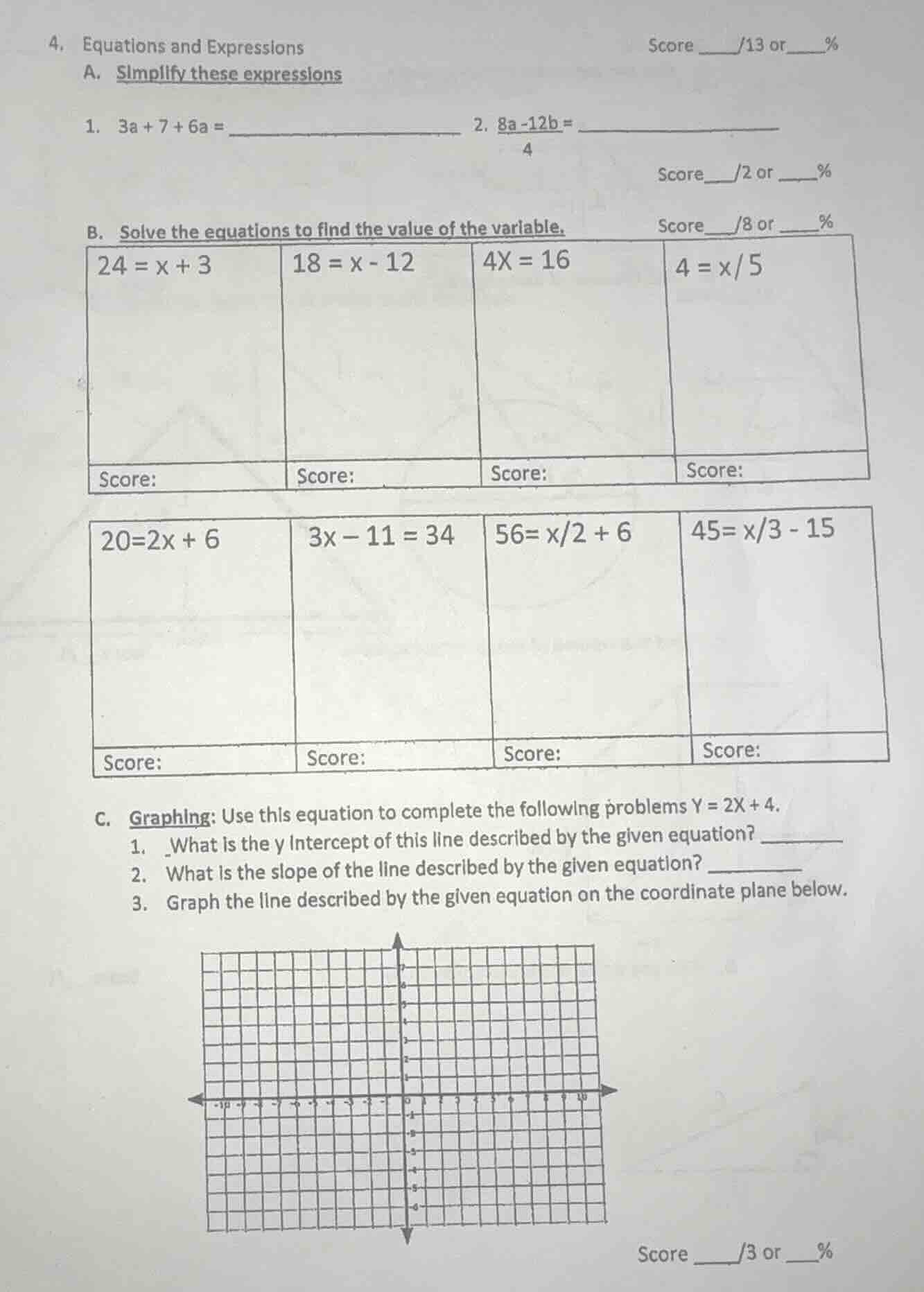 4. equations and expressions score ____/13 or ____% a. simplify these e…