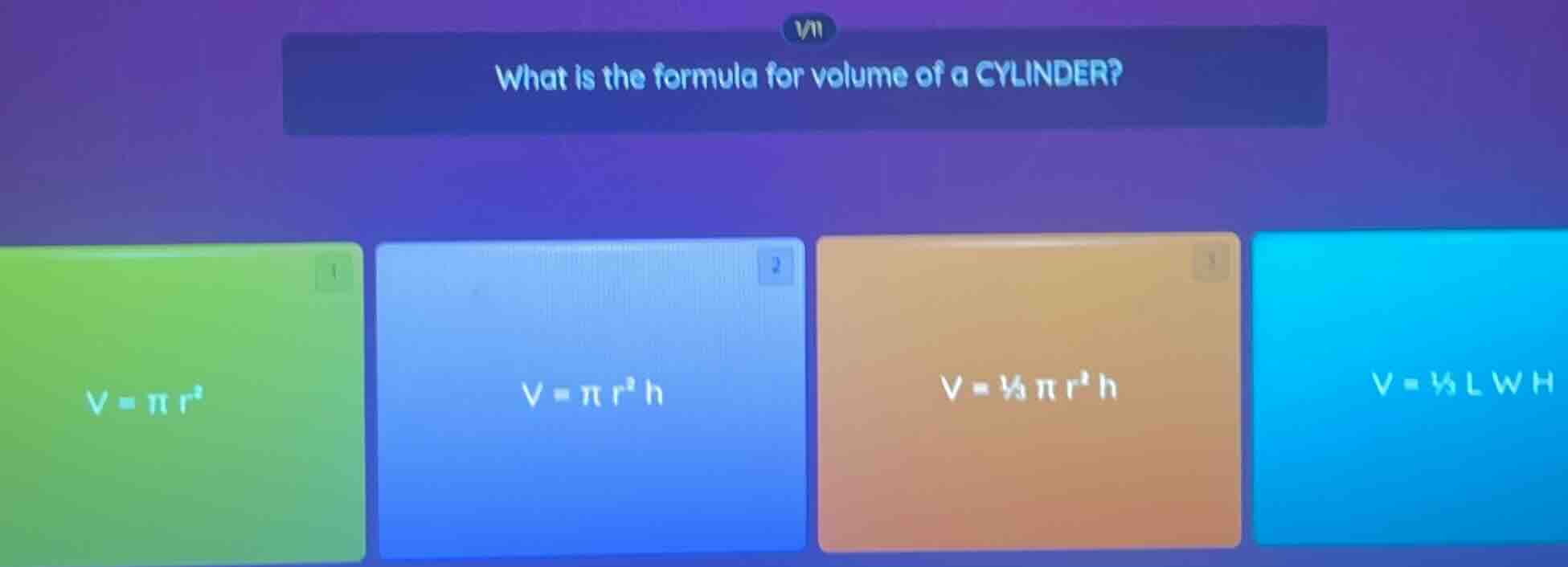 what is the formula for volume of a cylinder? 1. $v = \\pi r^2$ 2. $v =…