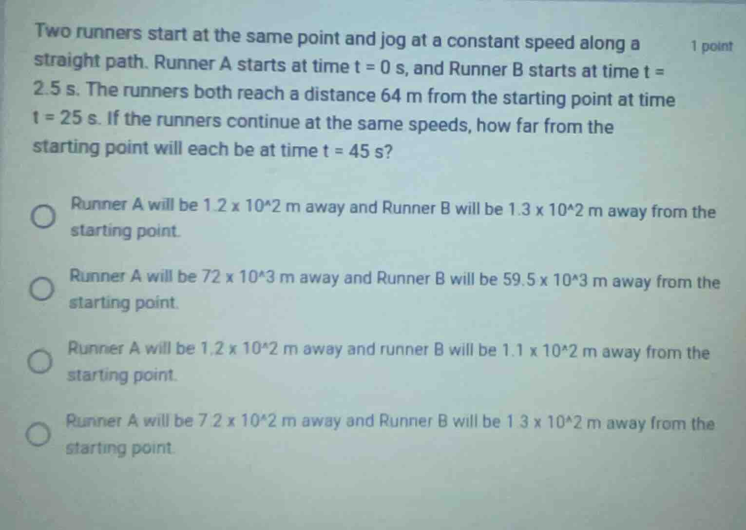 two runners start at the same point and jog at a constant speed along a…