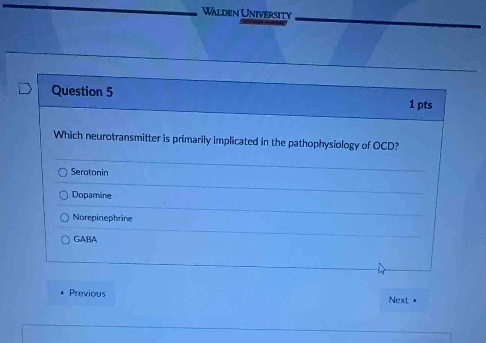 question 5 1 pts which neurotransmitter is primarily implicated in the …