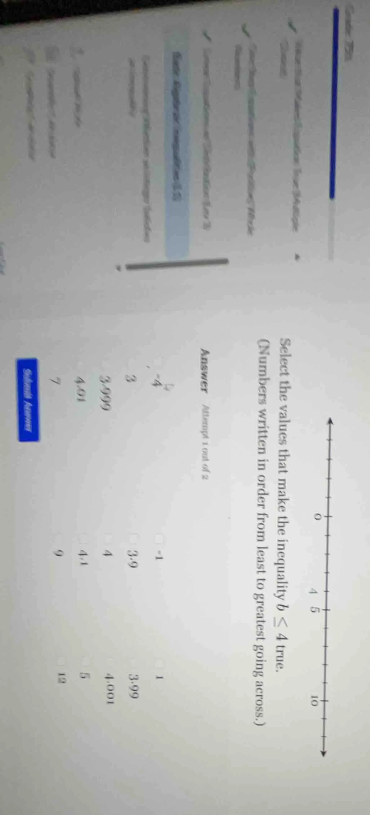 select the values that make the inequality ( b leq 4 ) true. (numbers w…