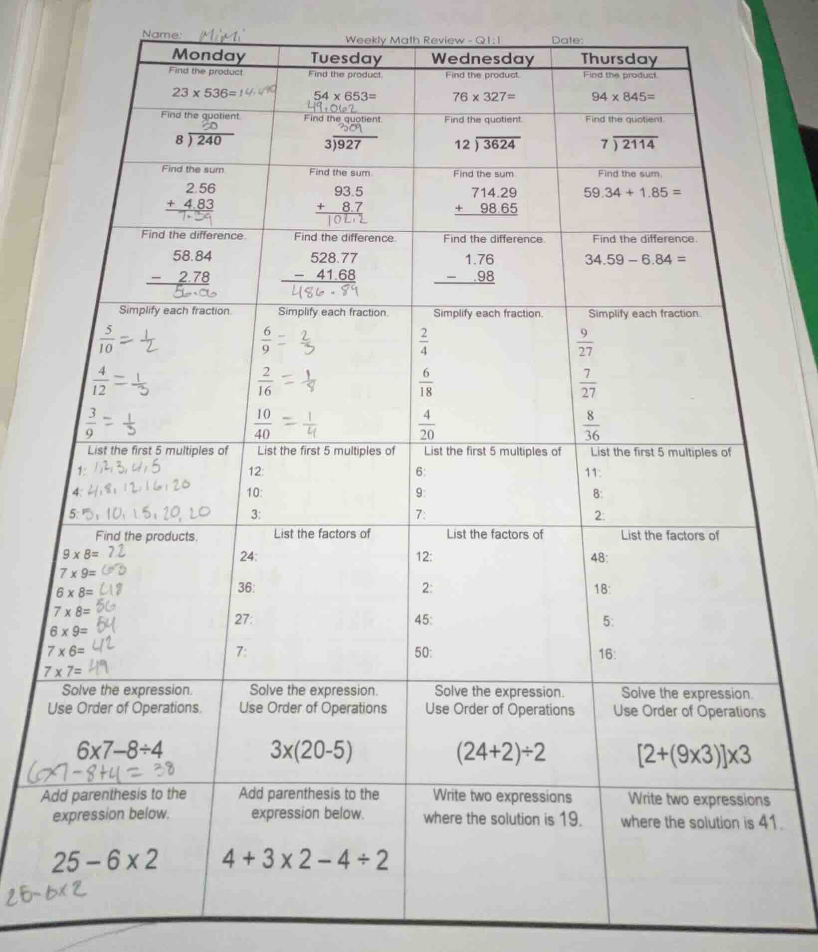 name: miki date: weekly math review - q1:1 monday find the product 23 ×…