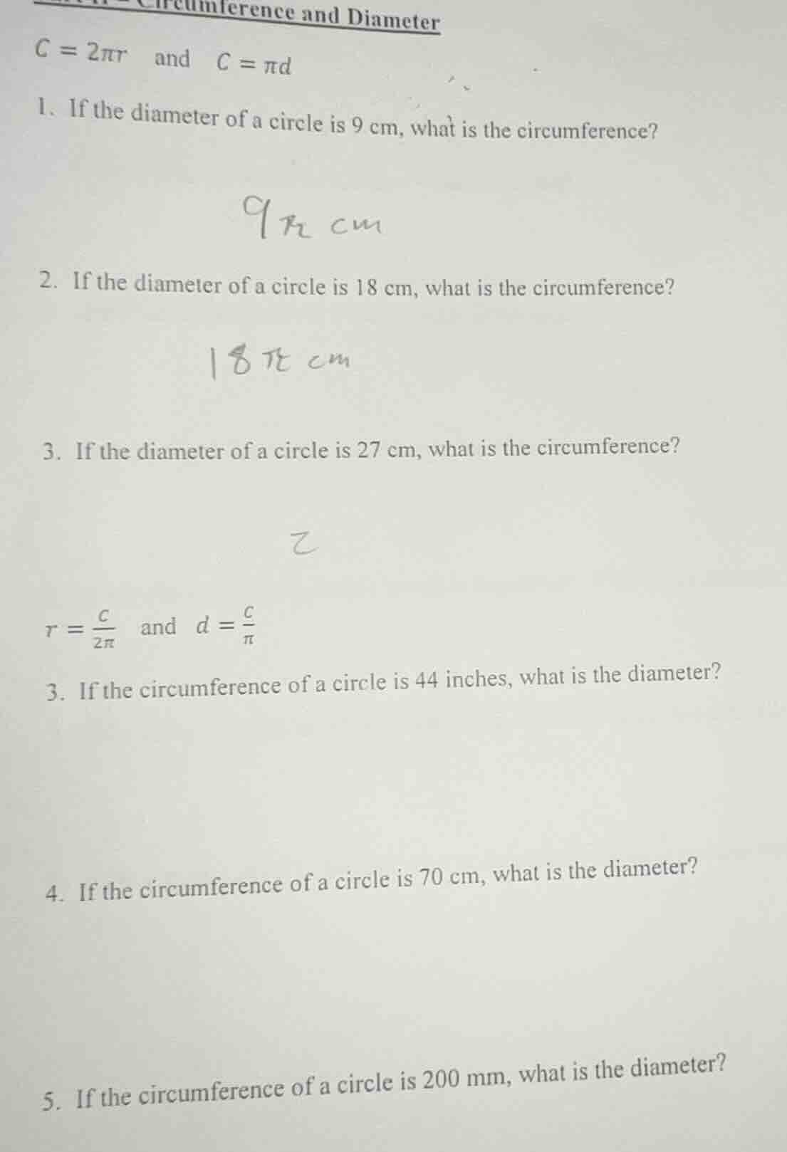 circumference and diameter $c = 2\\pi r$ and $c = \\pi d$ 1. if the dia…