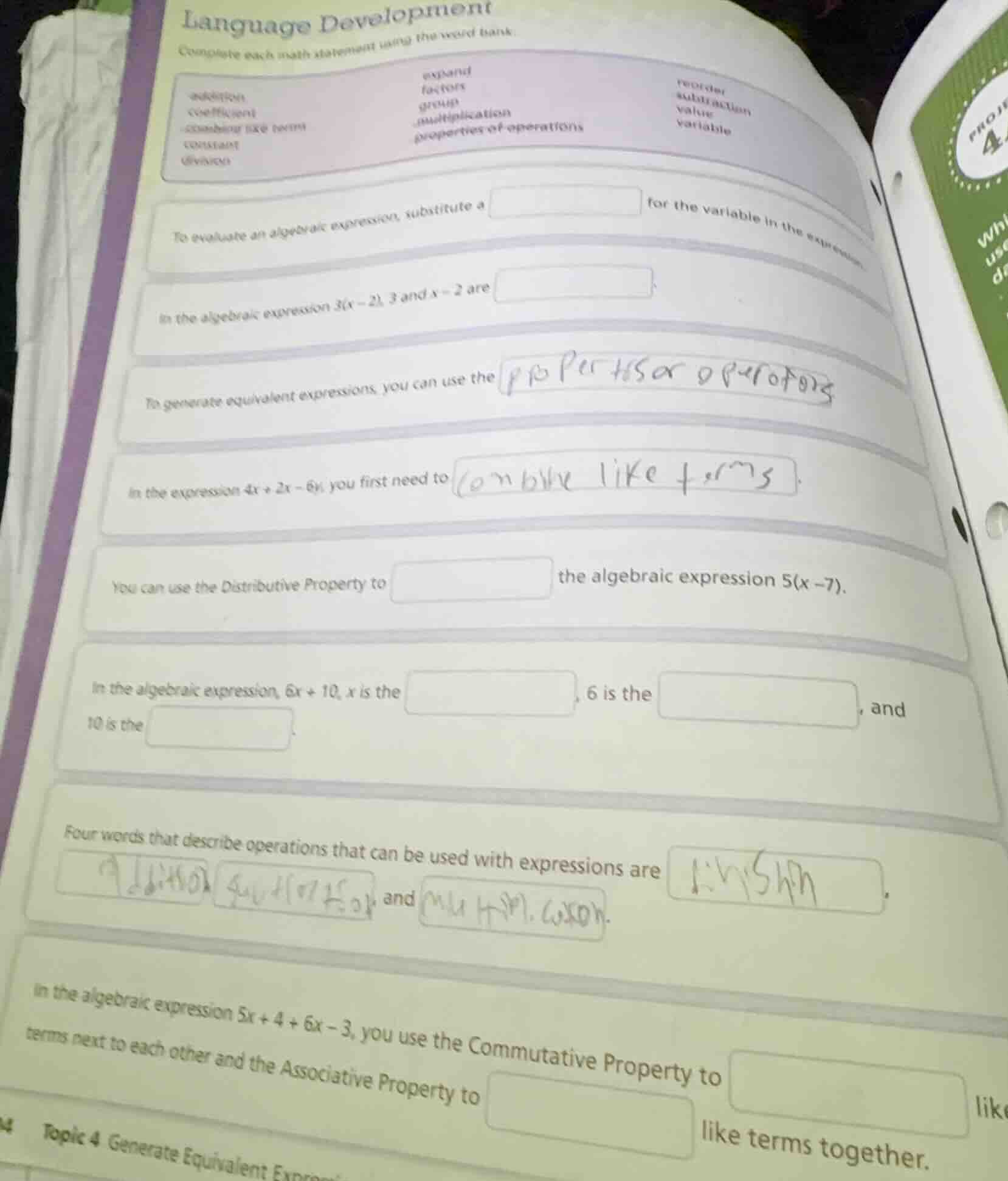 language development complete each math statement using the word bank. …