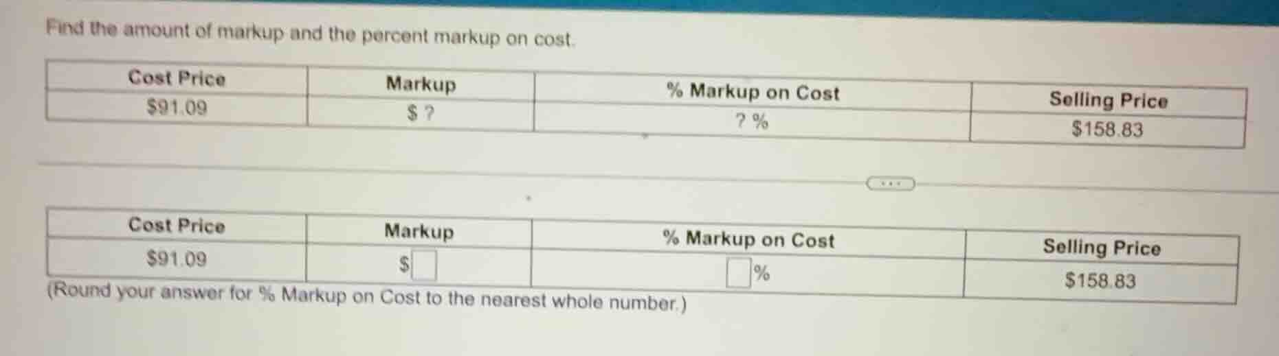 find the amount of markup and the percent markup on cost. | cost price …