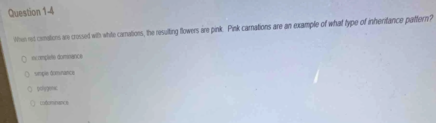 question 1-4 when red carnations are crossed with white carnations, the…