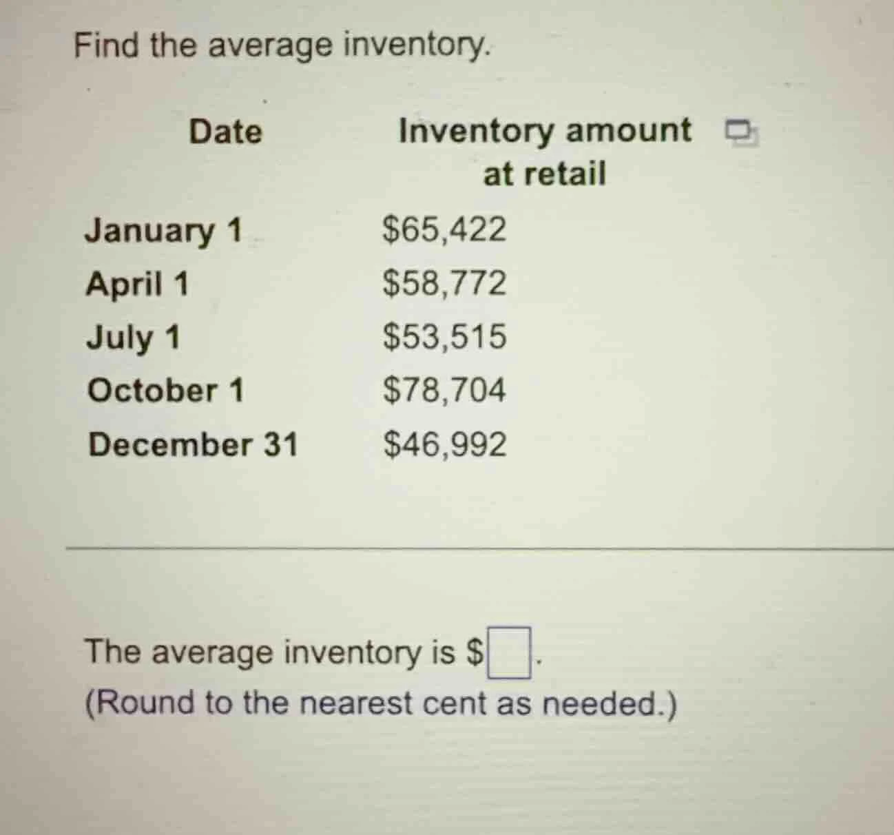 find the average inventory. date\tinventory amount at retail january 1\…