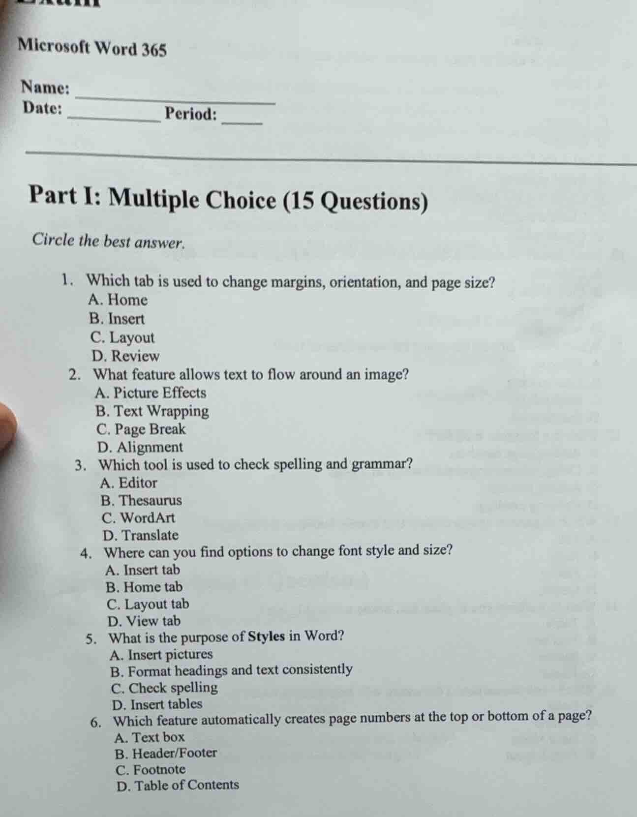 microsoft word 365 name: date: period: part i: multiple choice (15 ques…