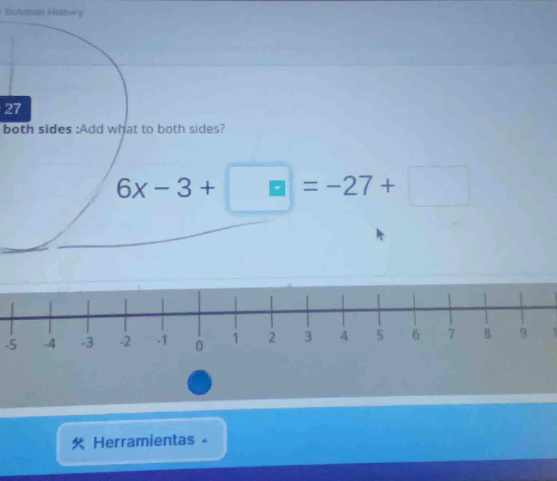 27 both sides :add what to both sides? $6x - 3 + \\square = -27 + \\squ…