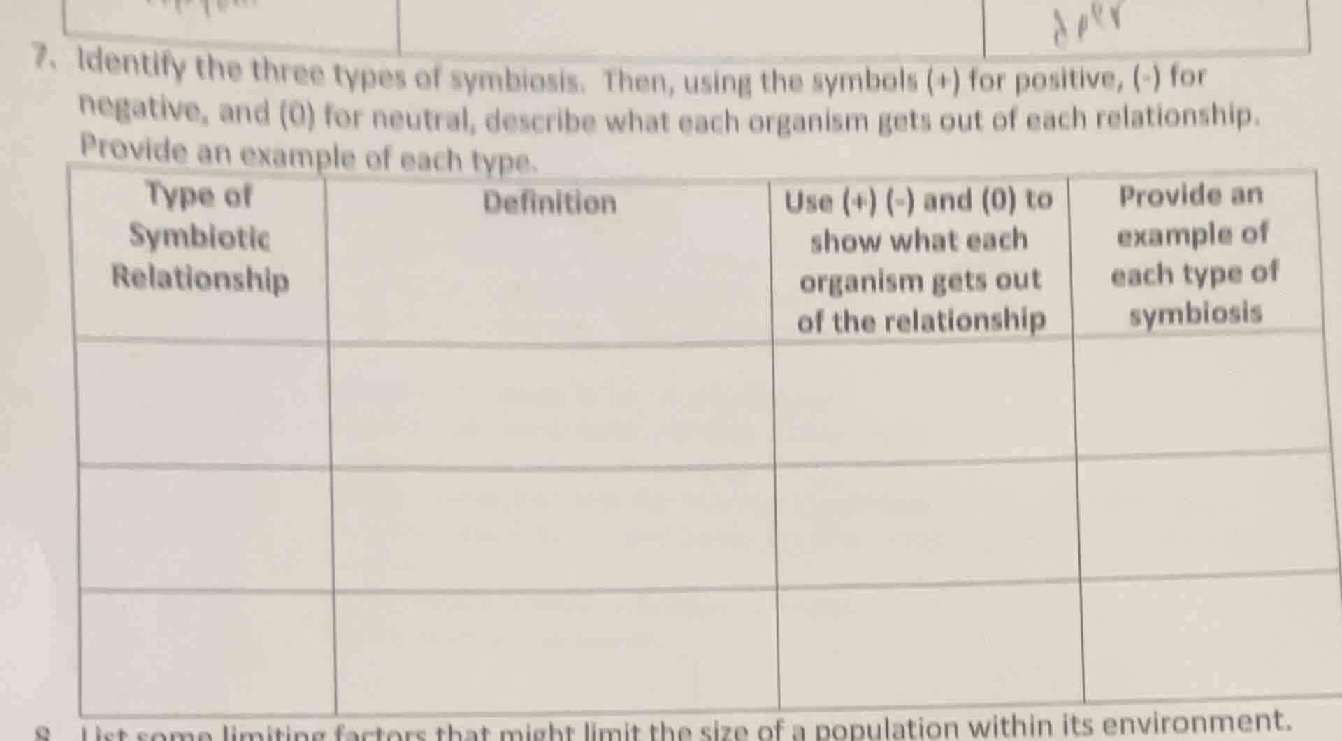 7. identify the three types of symbiosis. then, using the symbols (+) f…