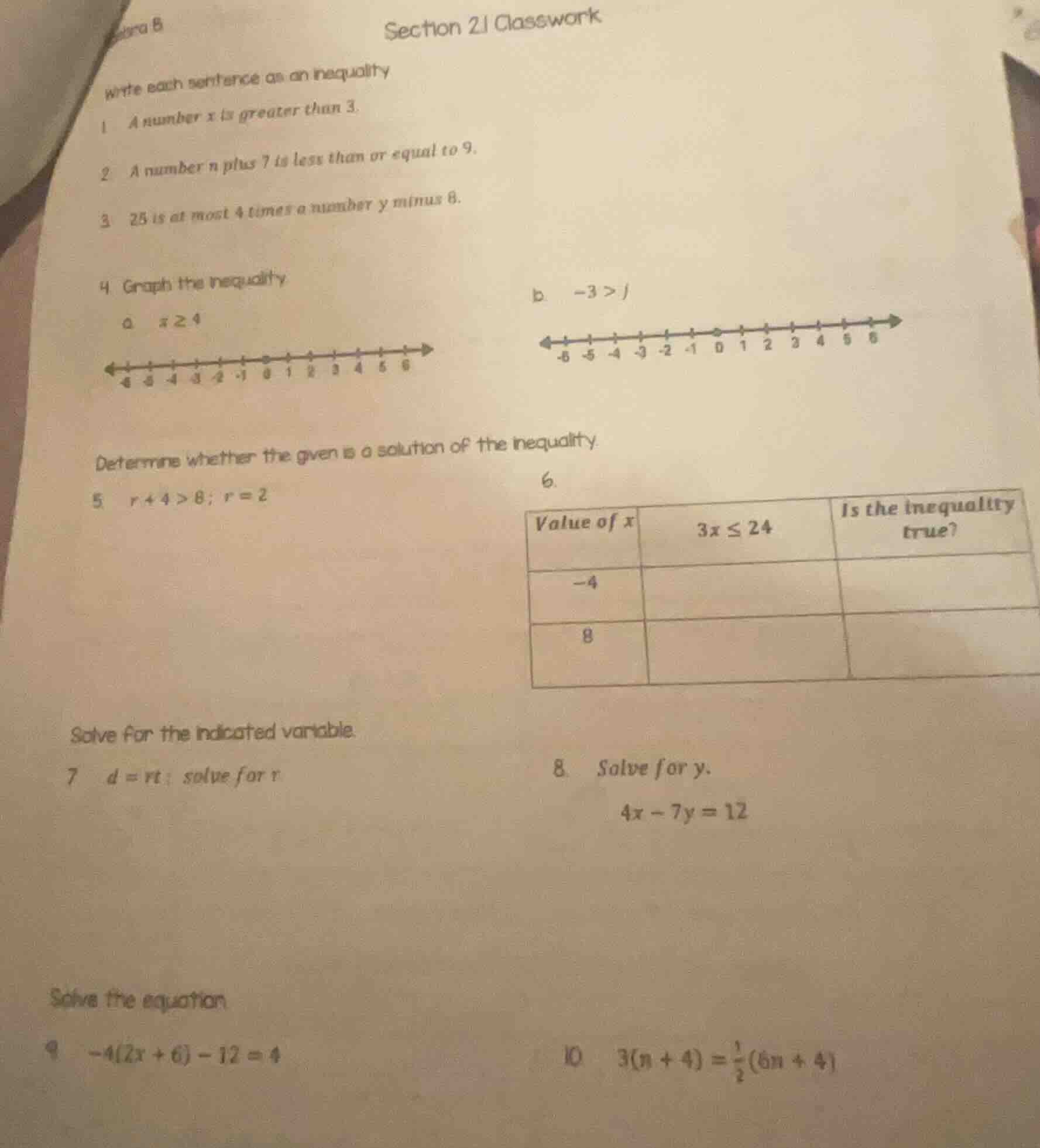 section 2.1 classwork write each sentence as an inequality 1 a number x…