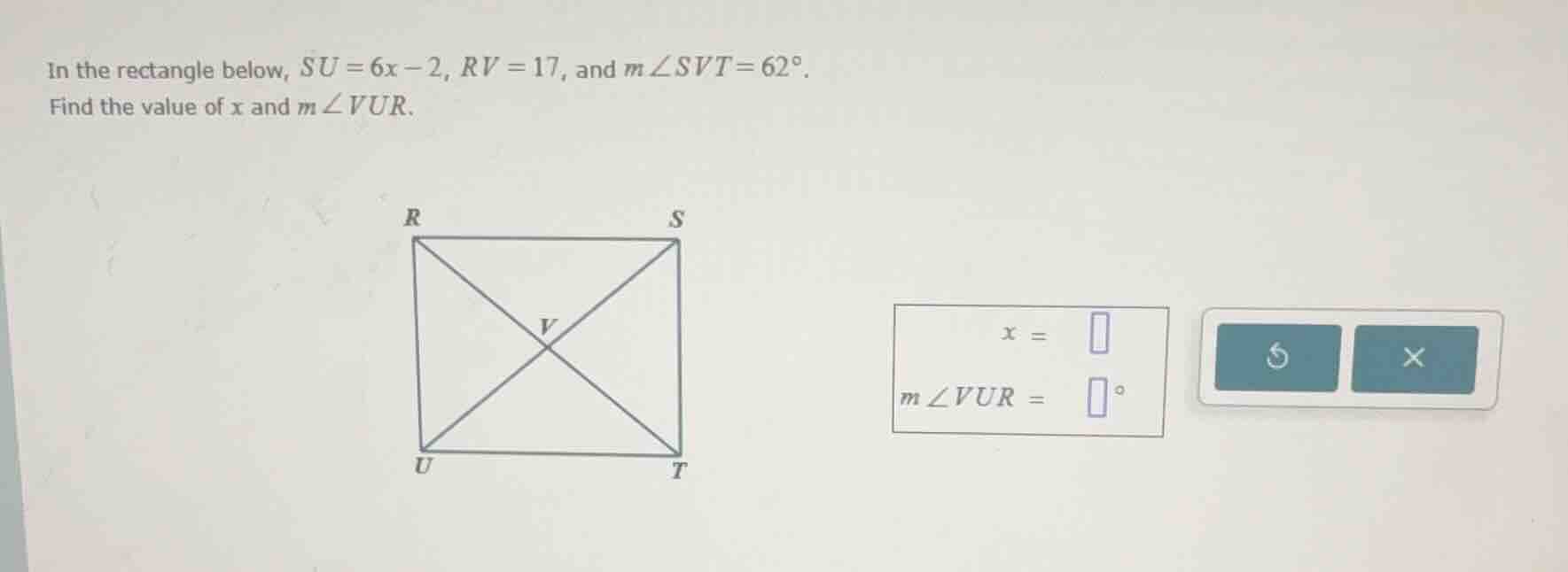 in the rectangle below, $su = 6x - 2$, $rv = 17$, and $m\\angle svt = 6…