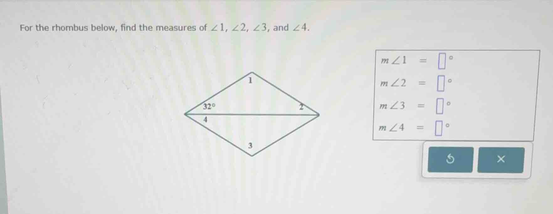 for the rhombus below, find the measures of $\\angle 1$, $\\angle 2$, $…