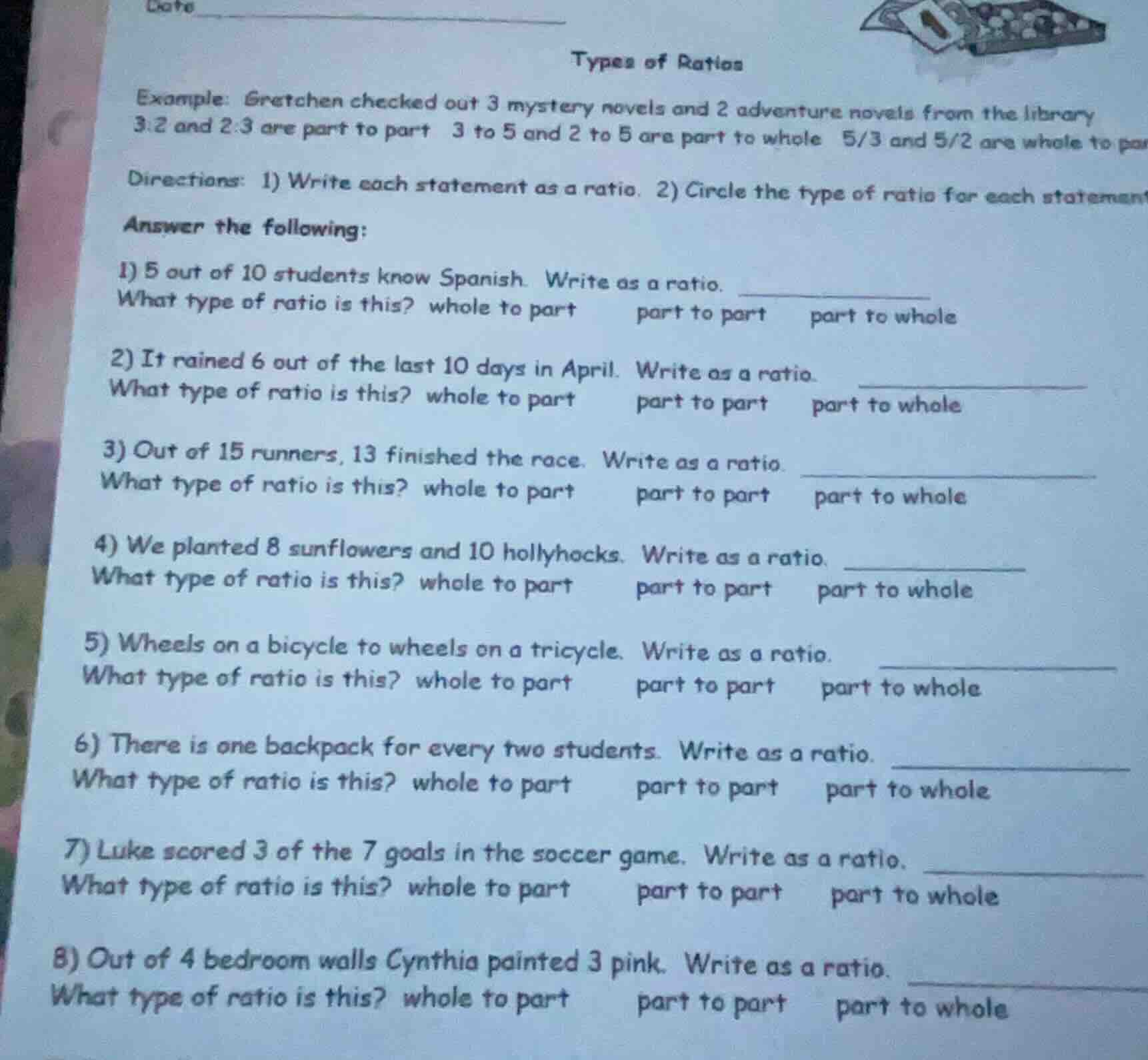 date types of ratios example: gretchen checked out 3 mystery novels and…