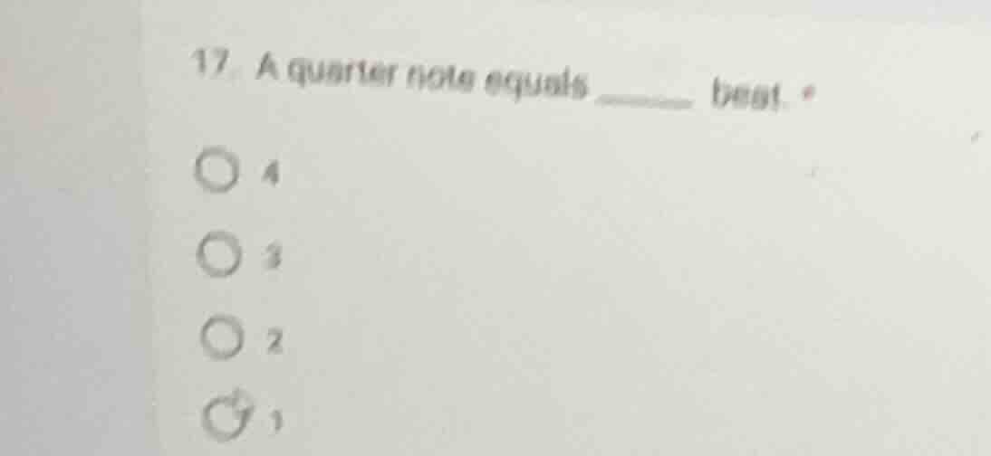 17. a quarter note equals ____ beat.