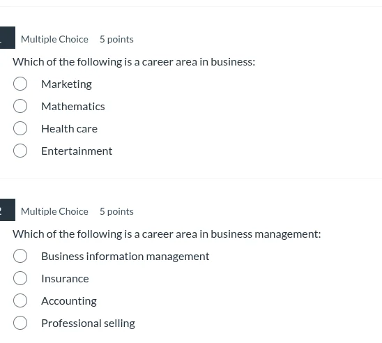 multiple choice 5 points which of the following is a career area in bus…
