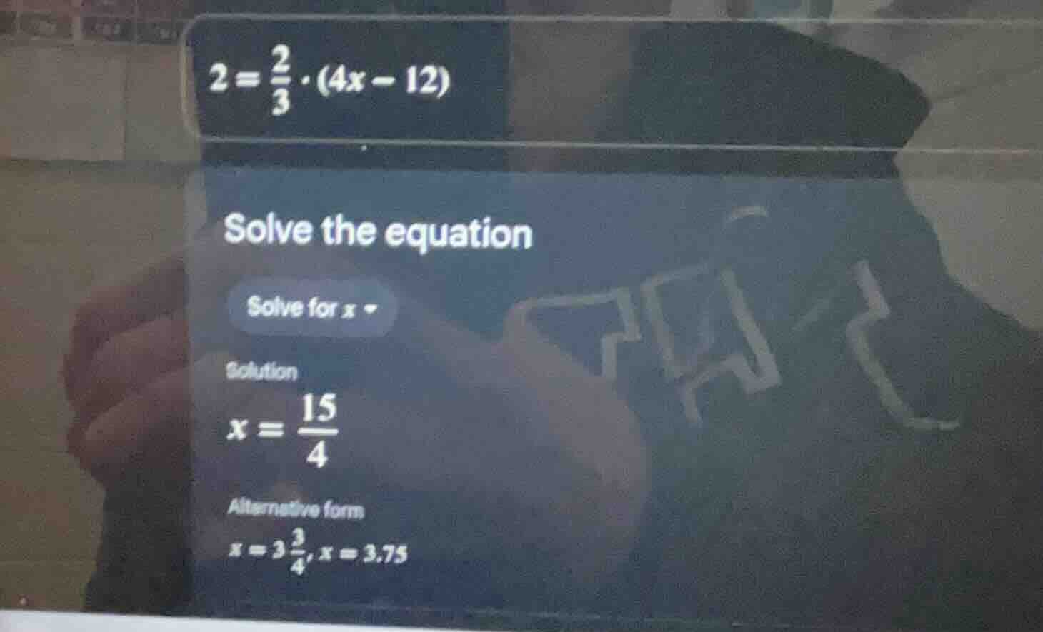 solve the equation solve for x solution x = \\frac{15}{4} alternative f…