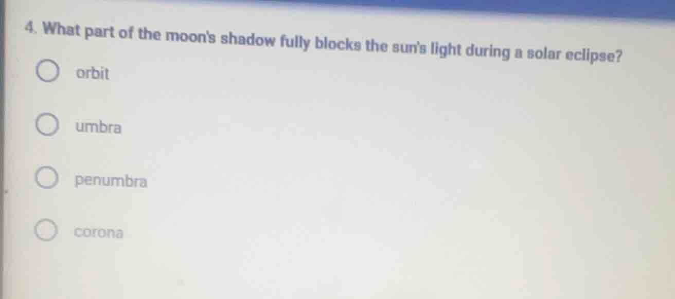 4. what part of the moons shadow fully blocks the suns light during a s…