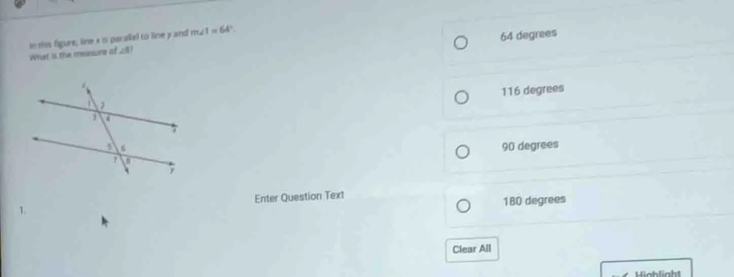 in this figure, line x is parallel to line y and m∠1 = 64°. what is the…
