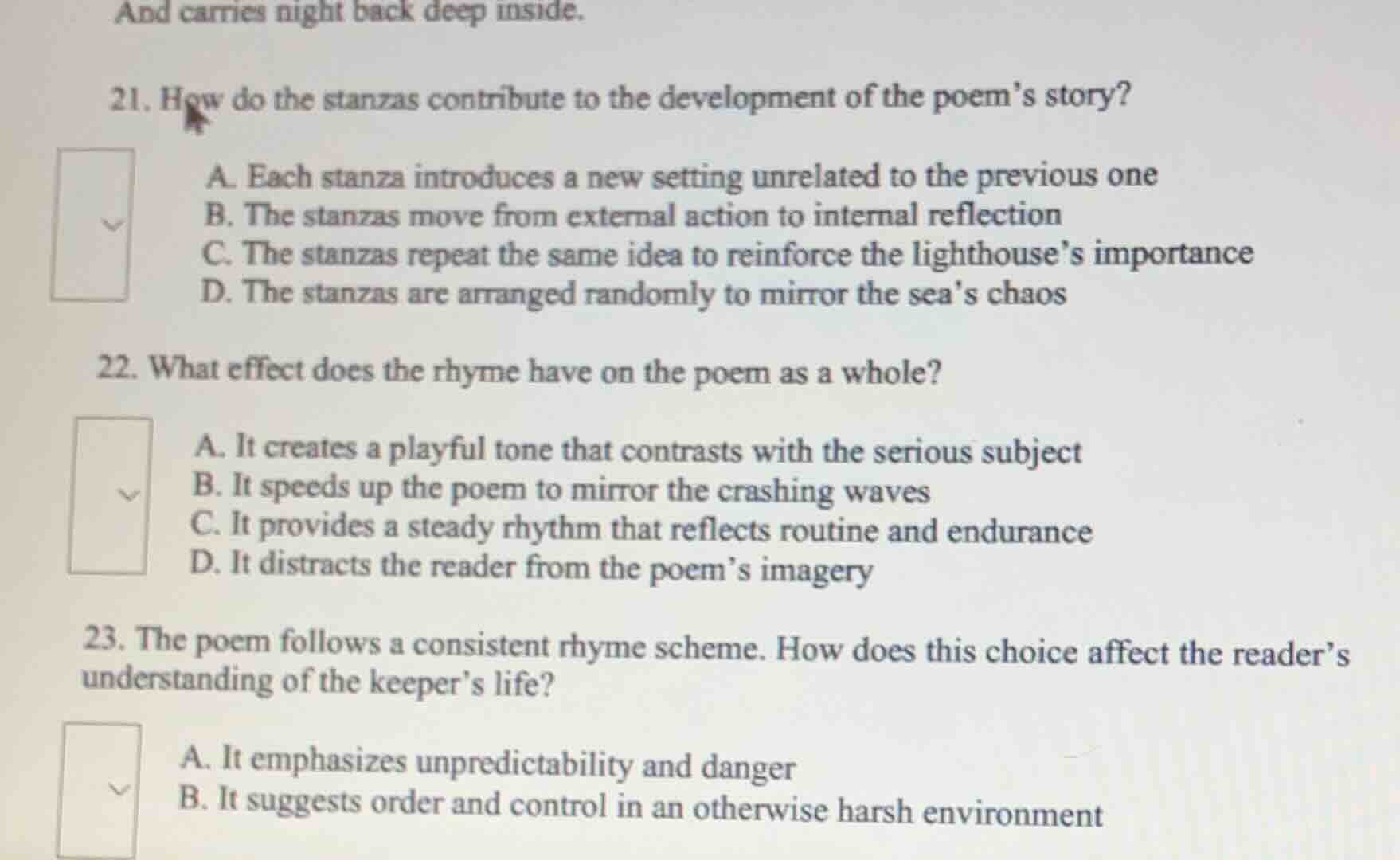 and carries night back deep inside. 21. how do the stanzas contribute t…