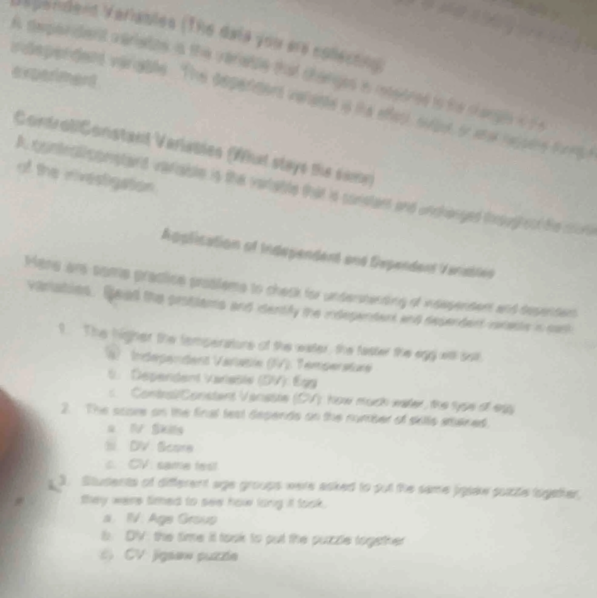 variables (the data you are measuring) a. independent variable is the v…