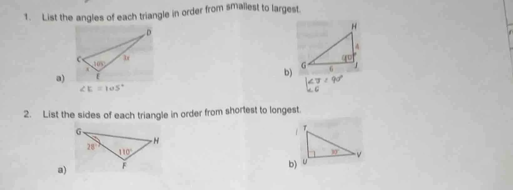 1. list the angles of each triangle in order from smallest to largest. …