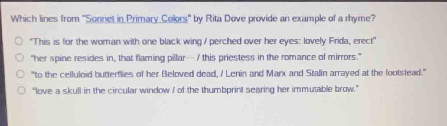 which lines from \sonnet in primary colors\ by rita dove provide an exa…
