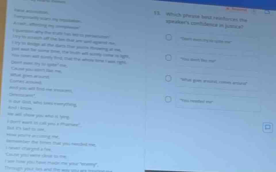 13. which phrase best reinforces the speakers confidence in justice? \d…