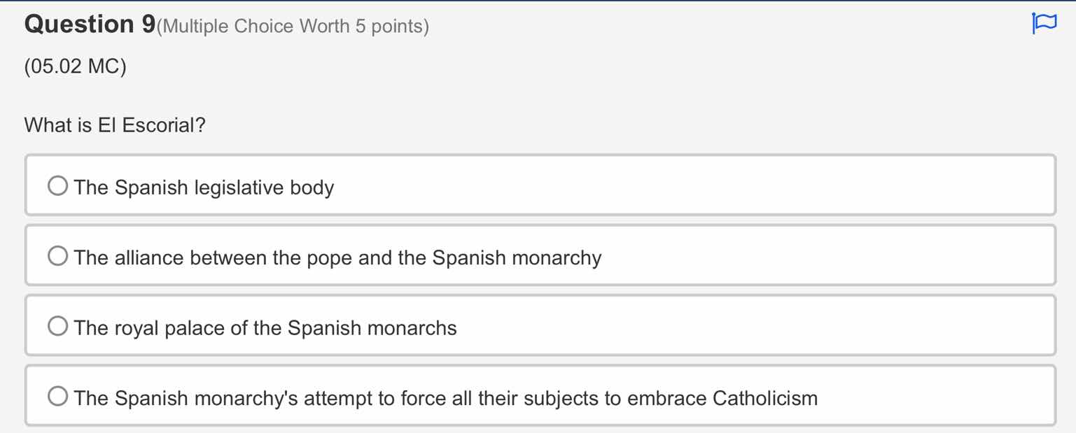 question 9 (multiple choice worth 5 points) (05.02 mc) what is el escor…