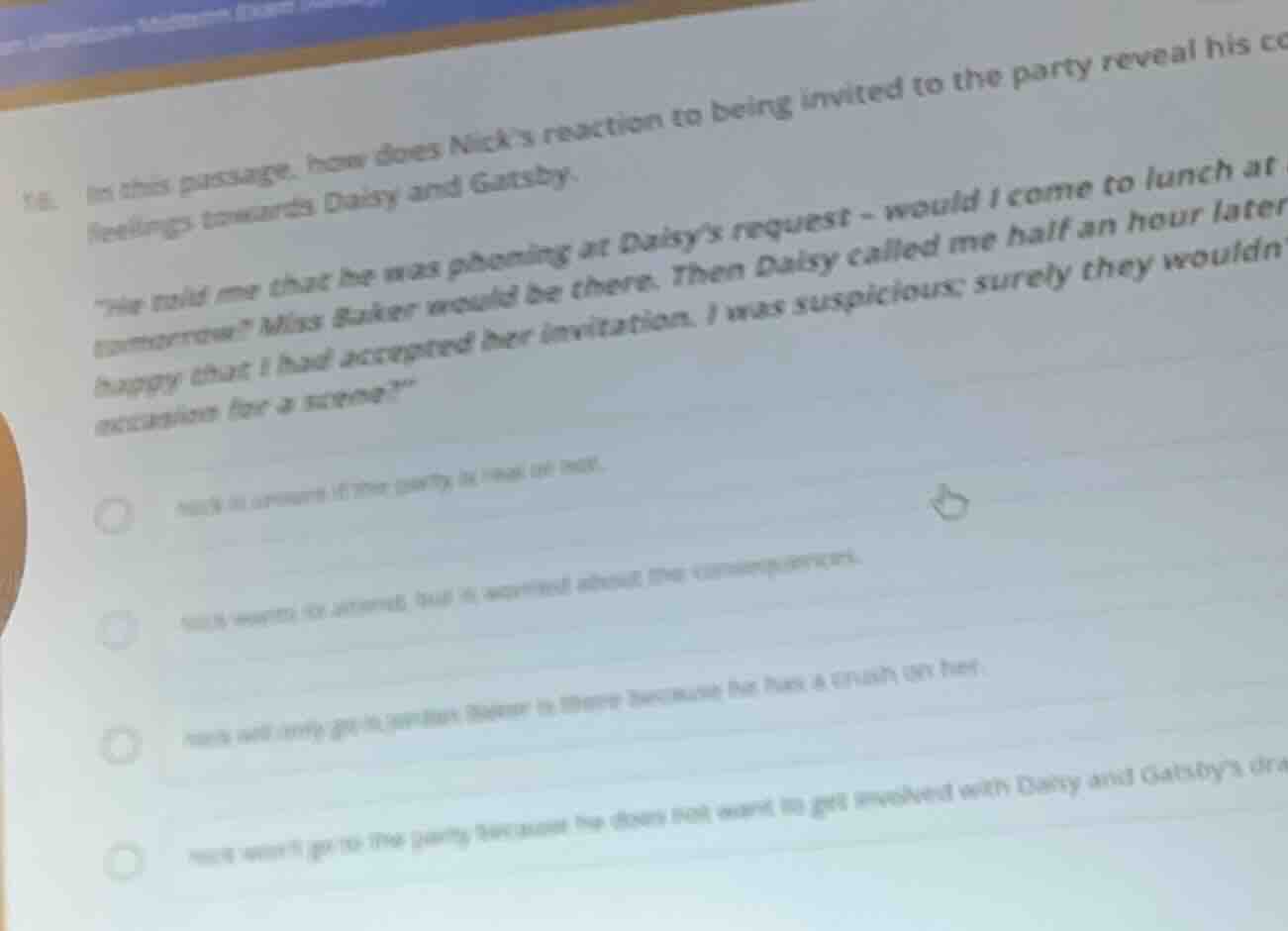 16. in this passage, how does nick’s reaction to being invited to the p…