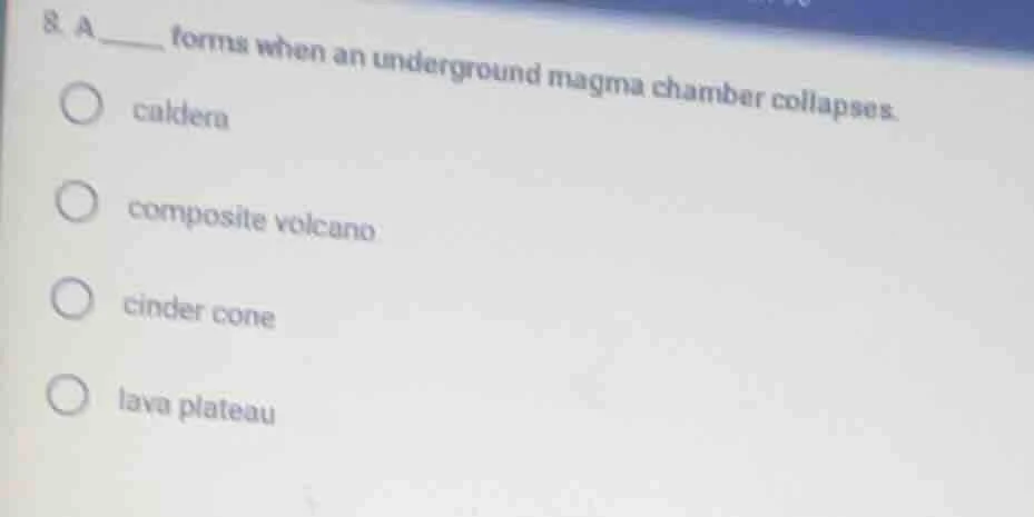 8. a _____ forms when an underground magma chamber collapses. options: …